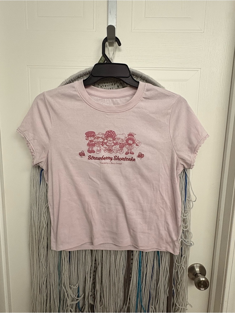 Embroidered Strawberry Shortcake Pink Graphic Crop Tee